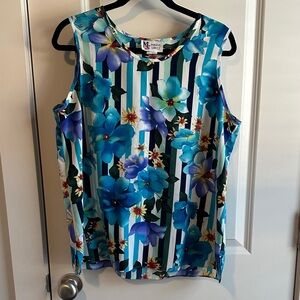 Blue Floral Striped Sleeveless Tank Top